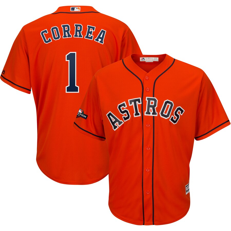Houston Astros #1 Carlos Correa Majestic 2019 Postseason Official Cool Base Player Jersey Orange